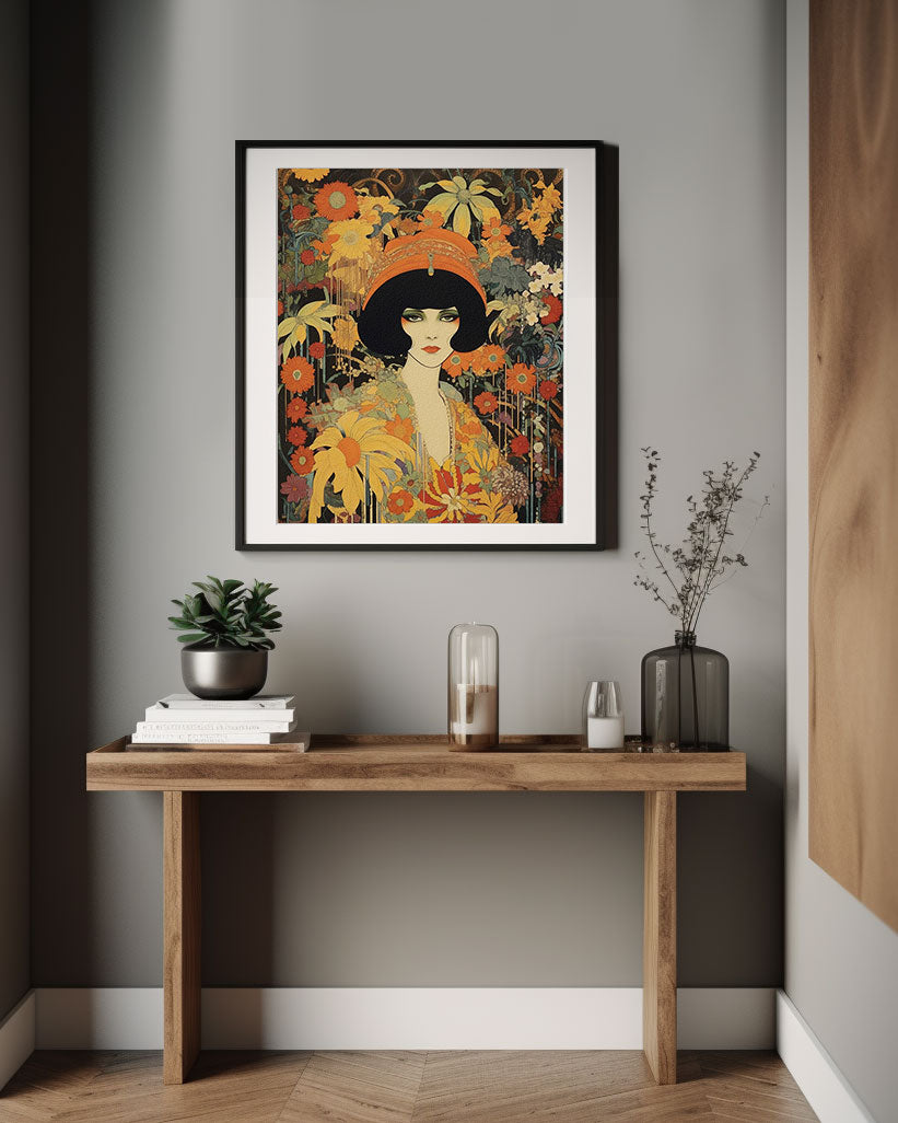 art print, Vintage Retro Art Style Poster: Woman with Flowers in Orange Tones - Inspired by Art Deco, Fashion, and Classic Movies, Retro Glam Fashion Portrait, Modern Art Deco Print, Eclectic Punk Boho Decor, Vintage Flowers Wall Art, Interior Design, Moody Graphic Art, Retro Glam Fashion Portrait, Modern Art Deco Print, Eclectic Punk Boho Decor, Vintage Flowers Wall Art, Interior Design, Moody Graphic Art, Bathroom Art, Living Room Wall Decor, Art for your Walls