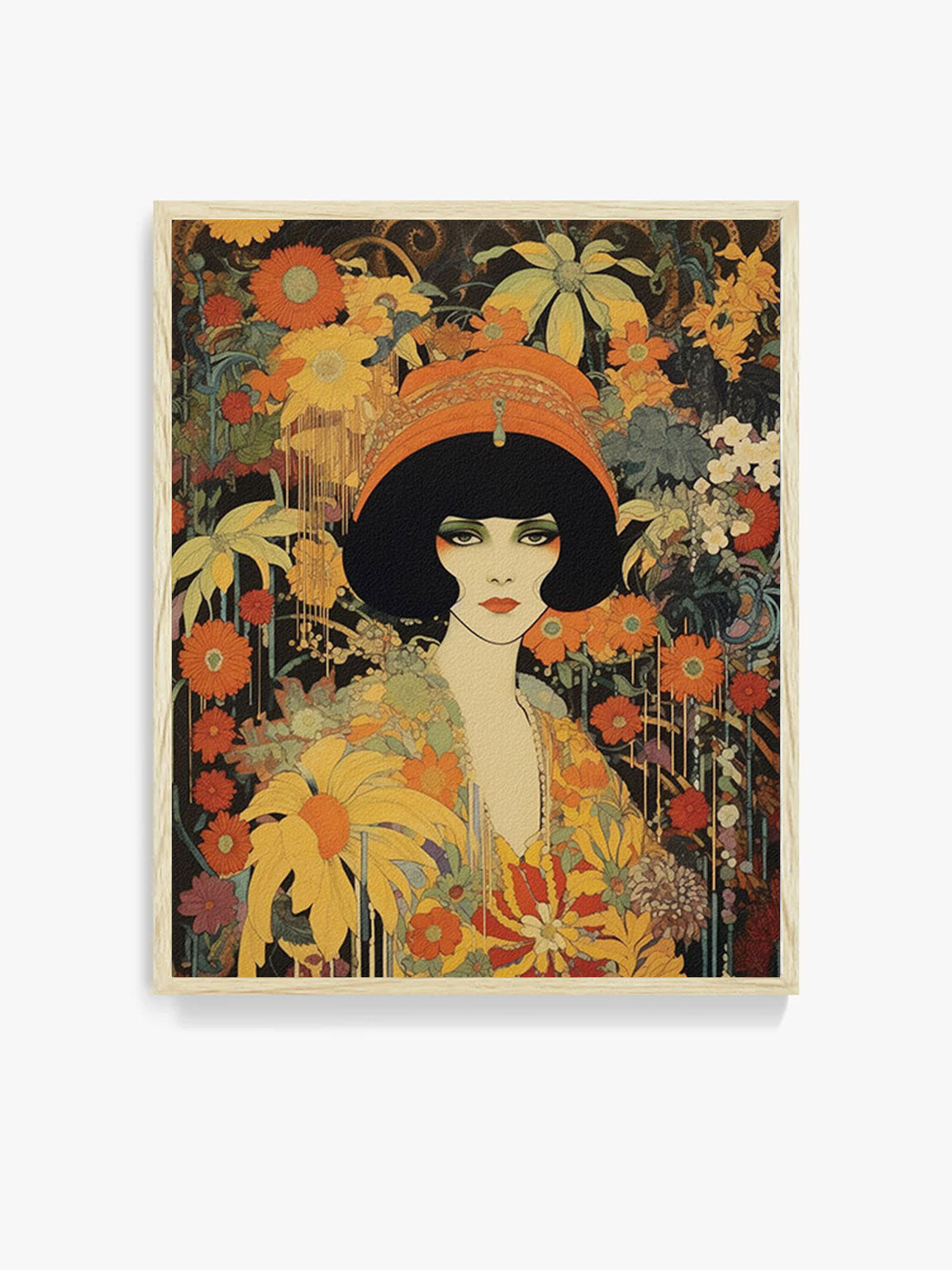 Borderless art print, Vintage Retro Art Style Poster: Woman with Flowers in Orange Tones - Inspired by Art Deco, Fashion, and Classic Movies, Retro Glam Fashion Portrait, Modern Art Deco Print, Eclectic Punk Boho Decor, Vintage Flowers Wall Art, Interior Design, Moody Graphic Art, Retro Glam Fashion Portrait, Modern Art Deco Print, Eclectic Punk Boho Decor, Vintage Flowers Wall Art, Interior Design, Moody Graphic Art, Bathroom Art, Living Room Wall Decor, Art for your Walls