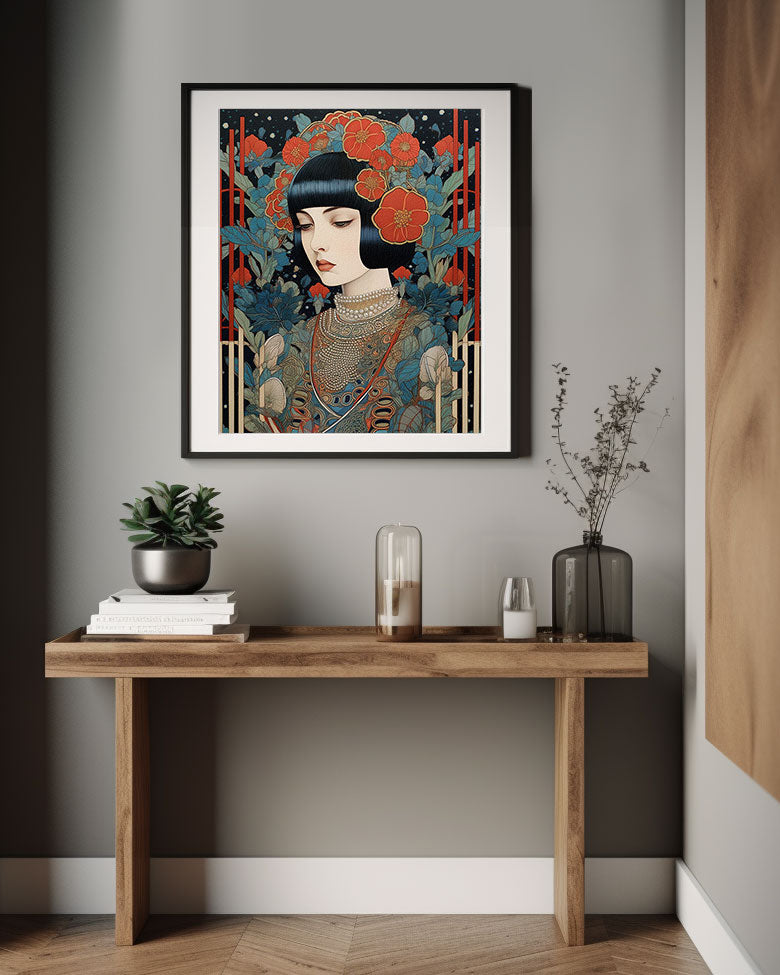 Roaring 20s Art Deco Flapper Portrait Wall Art, Original Art Print, Vintage Painting, Interior Design, Eclectic Mod Boho Decor, Lux Fashion, living room art, bathroom art, office art, bedroom art, fashion glamour, kitchen art, flowers, MCM, midcentury modern, superbloom meadow, screenprint art, vintage gothic art