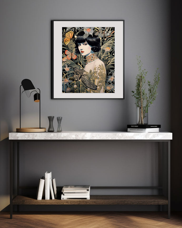 Roaring 20s Art Deco Flapper Portrait Wall Art, Original Art Print, Vintage Painting, Interior Design, Eclectic Mod Boho Decor, Lux Fashion, living room art, bathroom art, office art, bedroom art, fashion glamour, kitchen art, flowers, superbloom, butterflies, butterfly love