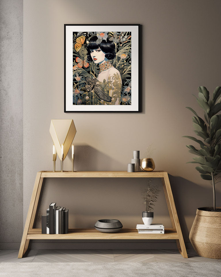 Roaring 20s Art Deco Flapper Portrait Wall Art, Original Art Print, Vintage Painting, Interior Design, Eclectic Mod Boho Decor, Lux Fashion, living room art, bathroom art, office art, bedroom art, fashion glamour, kitchen art, flowers, superbloom, butterflies, butterfly love