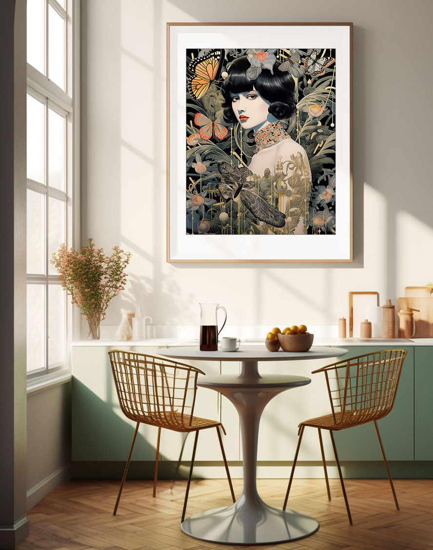 Roaring 20s Art Deco Flapper Portrait Wall Art, Original Art Print, Vintage Painting, Interior Design, Eclectic Mod Boho Decor, Lux Fashion, living room art, bathroom art, office art, bedroom art, fashion glamour, kitchen art, flowers, superbloom, butterflies, butterfly love