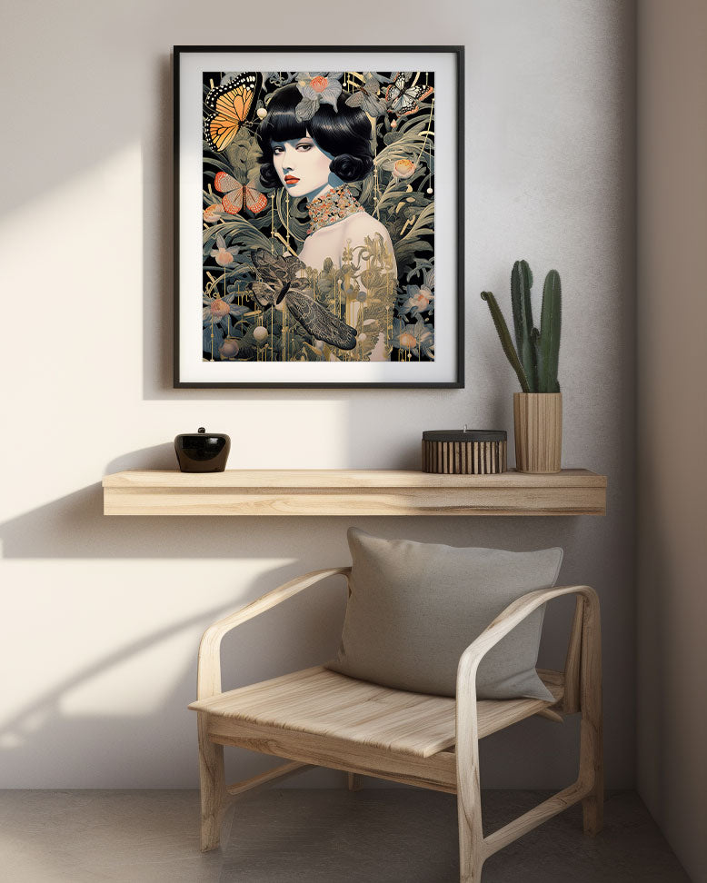 Roaring 20s Art Deco Flapper Portrait Wall Art, Original Art Print, Vintage Painting, Interior Design, Eclectic Mod Boho Decor, Lux Fashion, living room art, bathroom art, office art, bedroom art, fashion glamour, kitchen art, flowers, superbloom, butterflies, butterfly love