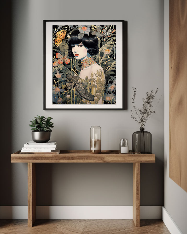 Roaring 20s Art Deco Flapper Portrait Wall Art, Original Art Print, Vintage Painting, Interior Design, Eclectic Mod Boho Decor, Lux Fashion, living room art, bathroom art, office art, bedroom art, fashion glamour, kitchen art, flowers, superbloom, butterflies, butterfly love
