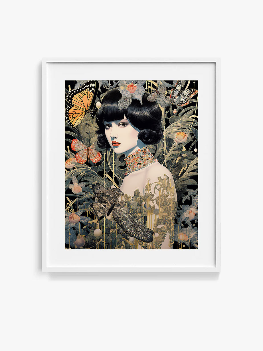 Roaring 20s Art Deco Flapper Portrait Wall Art, Original Art Print, Vintage Painting, Interior Design, Eclectic Mod Boho Decor, Lux Fashion, living room art, bathroom art, office art, bedroom art, fashion glamour, kitchen art, flowers, superbloom, butterflies, butterfly love