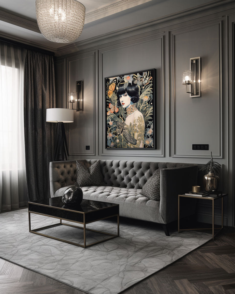 Roaring 20s Art Deco Flapper Portrait Wall Art, Original Art Print, Vintage Painting, Interior Design, Eclectic Mod Boho Decor, Lux Fashion, living room art, bathroom art, office art, bedroom art, fashion glamour, kitchen art, flowers, superbloom, butterflies, butterfly love