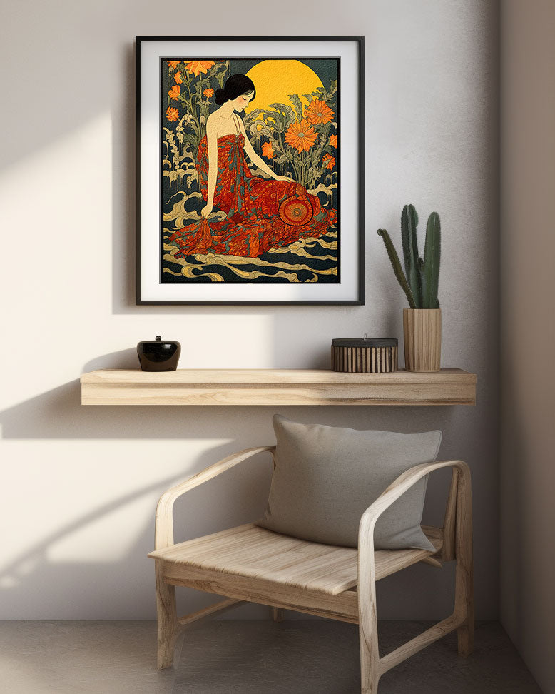 original art print, Vintage Retro Art Style Poster: Woman with Flowers in Orange Tones - Inspired by Art Deco, Fashion, and Classic Movies, Retro Glam Fashion Portrait, Modern Art Deco Print, Eclectic Punk Boho Decor, Vintage Flowers Wall Art, Interior Design, Moody Graphic Art, Retro Glam Fashion Portrait, Modern Art Deco Print, Eclectic Punk Boho Decor, Vintage Flowers Wall Art, Interior Design, Moody Graphic Art, Bathroom Art, Living Room Wall Decor, Art for your Walls