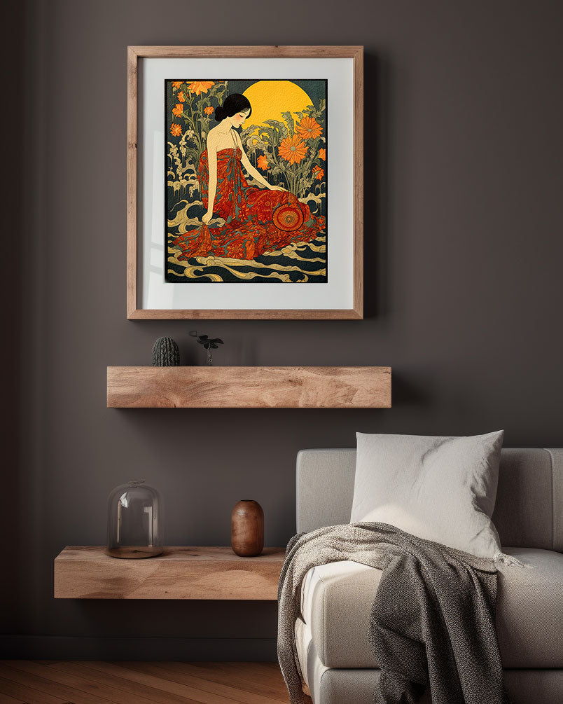 original art print, Vintage Retro Art Style Poster: Woman with Flowers in Orange Tones - Inspired by Art Deco, Fashion, and Classic Movies, Retro Glam Fashion Portrait, Modern Art Deco Print, Eclectic Punk Boho Decor, Vintage Flowers Wall Art, Interior Design, Moody Graphic Art, Retro Glam Fashion Portrait, Modern Art Deco Print, Eclectic Punk Boho Decor, Vintage Flowers Wall Art, Interior Design, Moody Graphic Art, Bathroom Art, Living Room Wall Decor, Art for your Walls