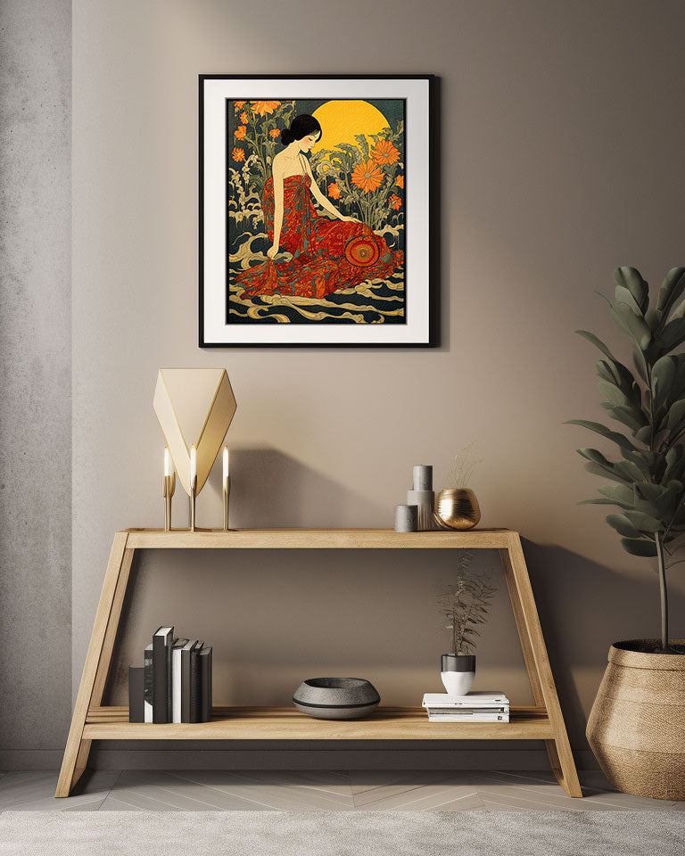 original art print, Vintage Retro Art Style Poster: Woman with Flowers in Orange Tones - Inspired by Art Deco, Fashion, and Classic Movies, Retro Glam Fashion Portrait, Modern Art Deco Print, Eclectic Punk Boho Decor, Vintage Flowers Wall Art, Interior Design, Moody Graphic Art, Retro Glam Fashion Portrait, Modern Art Deco Print, Eclectic Punk Boho Decor, Vintage Flowers Wall Art, Interior Design, Moody Graphic Art, Bathroom Art, Living Room Wall Decor, Art for your Walls