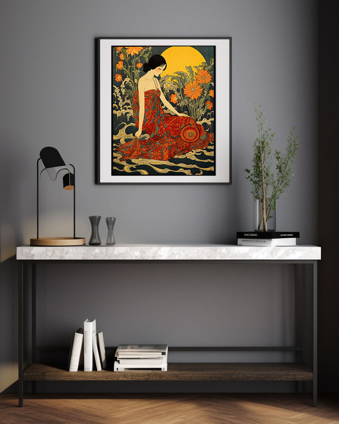 original art print, Vintage Retro Art Style Poster: Woman with Flowers in Orange Tones - Inspired by Art Deco, Fashion, and Classic Movies, Retro Glam Fashion Portrait, Modern Art Deco Print, Eclectic Punk Boho Decor, Vintage Flowers Wall Art, Interior Design, Moody Graphic Art, Retro Glam Fashion Portrait, Modern Art Deco Print, Eclectic Punk Boho Decor, Vintage Flowers Wall Art, Interior Design, Moody Graphic Art, Bathroom Art, Living Room Wall Decor, Art for your Walls