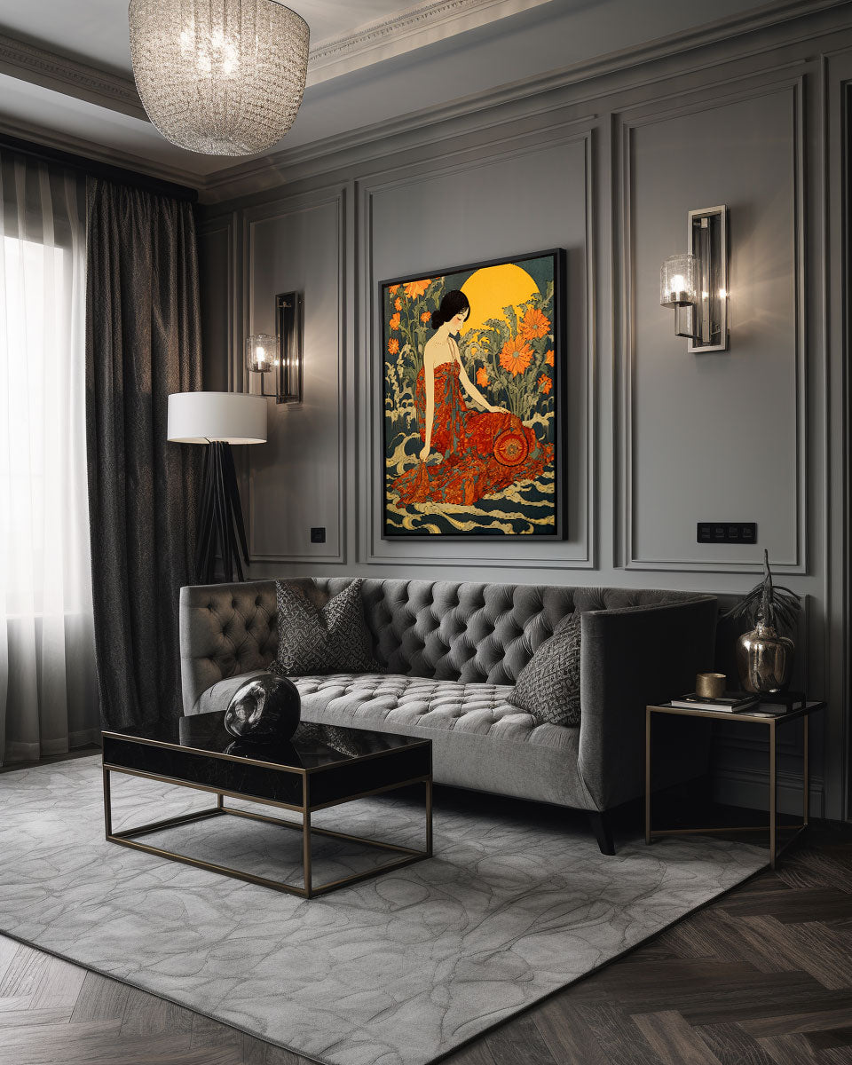 original art print, Vintage Retro Art Style Poster: Woman with Flowers in Orange Tones - Inspired by Art Deco, Fashion, and Classic Movies, Retro Glam Fashion Portrait, Modern Art Deco Print, Eclectic Punk Boho Decor, Vintage Flowers Wall Art, Interior Design, Moody Graphic Art, Retro Glam Fashion Portrait, Modern Art Deco Print, Eclectic Punk Boho Decor, Vintage Flowers Wall Art, Interior Design, Moody Graphic Art, Bathroom Art, Living Room Wall Decor, Art for your Walls