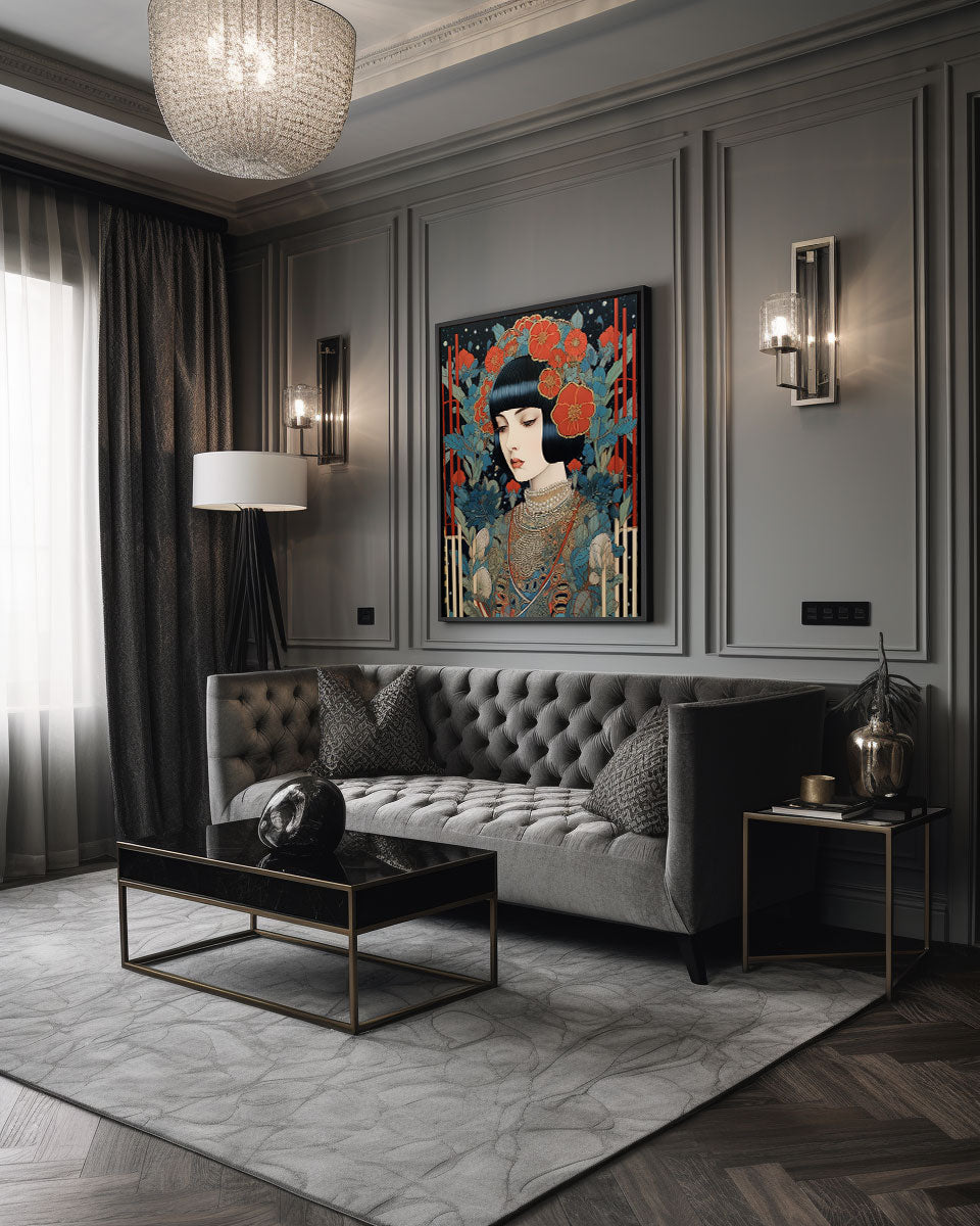 Roaring 20s Art Deco Flapper Portrait Wall Art, Original Art Print, Vintage Painting, Interior Design, Eclectic Mod Boho Decor, Lux Fashion, living room art, bathroom art, office art, bedroom art, fashion glamour, kitchen art, flowers, MCM, midcentury modern, superbloom meadow, screenprint art, vintage gothic art