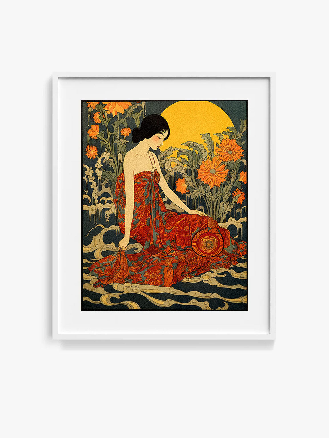 original art print, Vintage Retro Art Style Poster: Woman with Flowers in Orange Tones - Inspired by Art Deco, Fashion, and Classic Movies, Retro Glam Fashion Portrait, Modern Art Deco Print, Eclectic Punk Boho Decor, Vintage Flowers Wall Art, Interior Design, Moody Graphic Art, Retro Glam Fashion Portrait, Modern Art Deco Print, Eclectic Punk Boho Decor, Vintage Flowers Wall Art, Interior Design, Moody Graphic Art, Bathroom Art, Living Room Wall Decor, Art for your Walls
