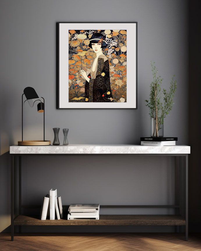 original art print, Vintage Retro Art Style Poster: Woman with Flowers in Orange Tones - Inspired by Art Deco, Fashion, and Classic Movies, Retro Glam Fashion Portrait, Modern Art Deco Print, Eclectic Punk Boho Decor, Vintage Flowers Wall Art, Interior Design, Moody Graphic Art, Retro Glam Fashion Portrait, Modern Art Deco Print, Eclectic Punk Boho Decor, Vintage Flowers Wall Art, Interior Design, Moody Graphic Art, Bathroom Art, Living Room Wall Decor, Art for your Walls, mythology art, history, tribal