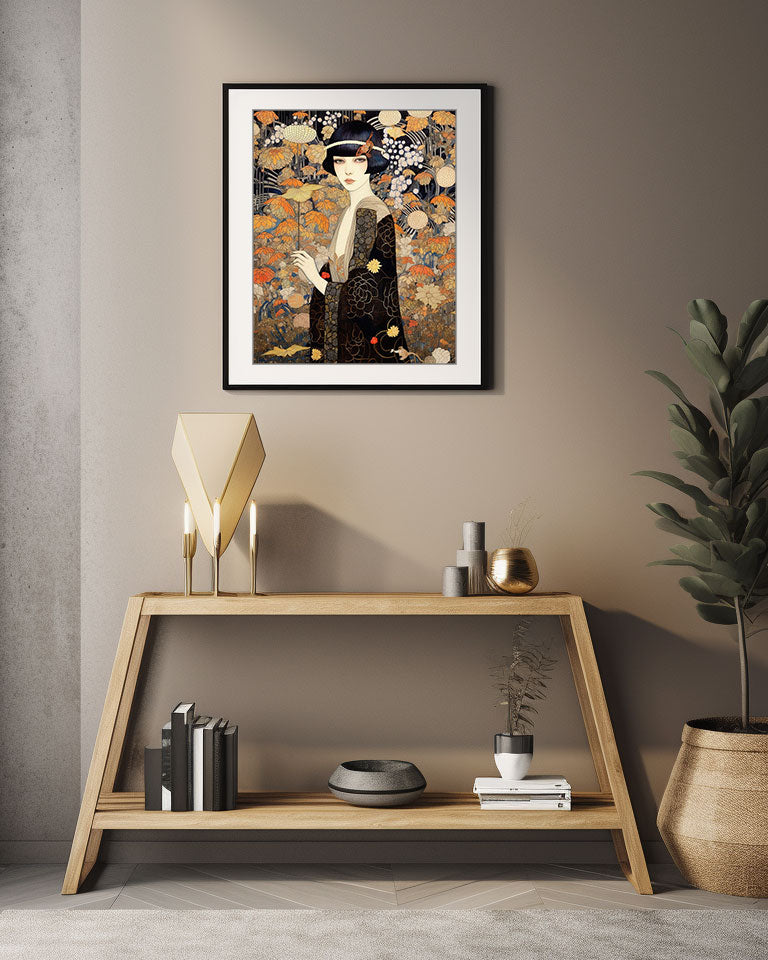 original art print, Vintage Retro Art Style Poster: Woman with Flowers in Orange Tones - Inspired by Art Deco, Fashion, and Classic Movies, Retro Glam Fashion Portrait, Modern Art Deco Print, Eclectic Punk Boho Decor, Vintage Flowers Wall Art, Interior Design, Moody Graphic Art, Retro Glam Fashion Portrait, Modern Art Deco Print, Eclectic Punk Boho Decor, Vintage Flowers Wall Art, Interior Design, Moody Graphic Art, Bathroom Art, Living Room Wall Decor, Art for your Walls, mythology art, history, tribal