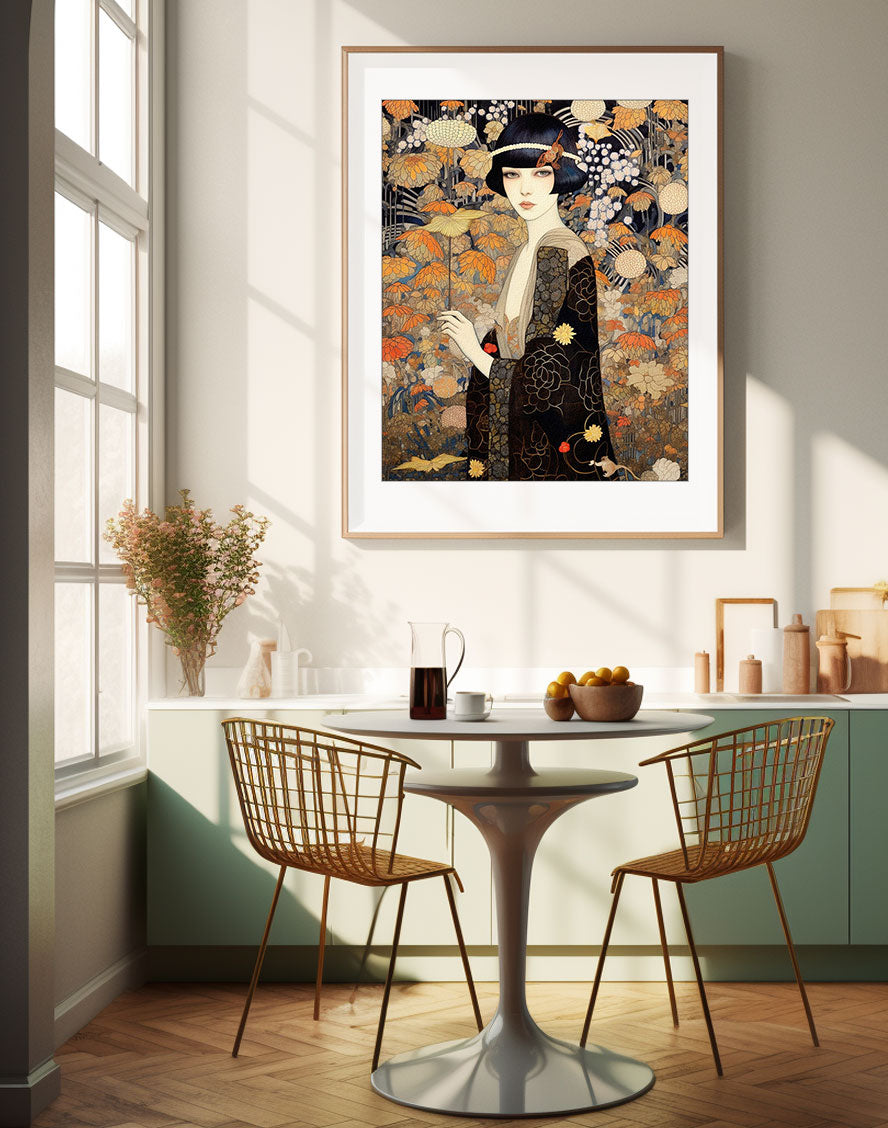 original art print, Vintage Retro Art Style Poster: Woman with Flowers in Orange Tones - Inspired by Art Deco, Fashion, and Classic Movies, Retro Glam Fashion Portrait, Modern Art Deco Print, Eclectic Punk Boho Decor, Vintage Flowers Wall Art, Interior Design, Moody Graphic Art, Retro Glam Fashion Portrait, Modern Art Deco Print, Eclectic Punk Boho Decor, Vintage Flowers Wall Art, Interior Design, Moody Graphic Art, Bathroom Art, Living Room Wall Decor, Art for your Walls, mythology art, history, tribal