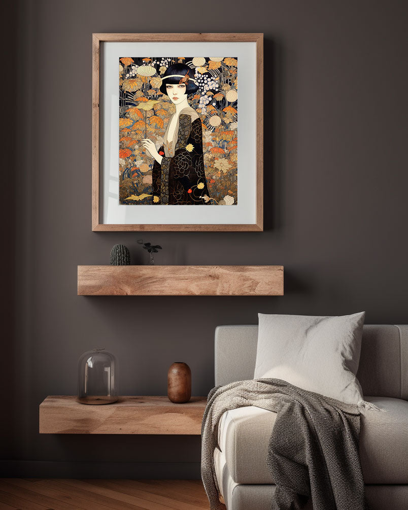 original art print, Vintage Retro Art Style Poster: Woman with Flowers in Orange Tones - Inspired by Art Deco, Fashion, and Classic Movies, Retro Glam Fashion Portrait, Modern Art Deco Print, Eclectic Punk Boho Decor, Vintage Flowers Wall Art, Interior Design, Moody Graphic Art, Retro Glam Fashion Portrait, Modern Art Deco Print, Eclectic Punk Boho Decor, Vintage Flowers Wall Art, Interior Design, Moody Graphic Art, Bathroom Art, Living Room Wall Decor, Art for your Walls, mythology art, history, tribal