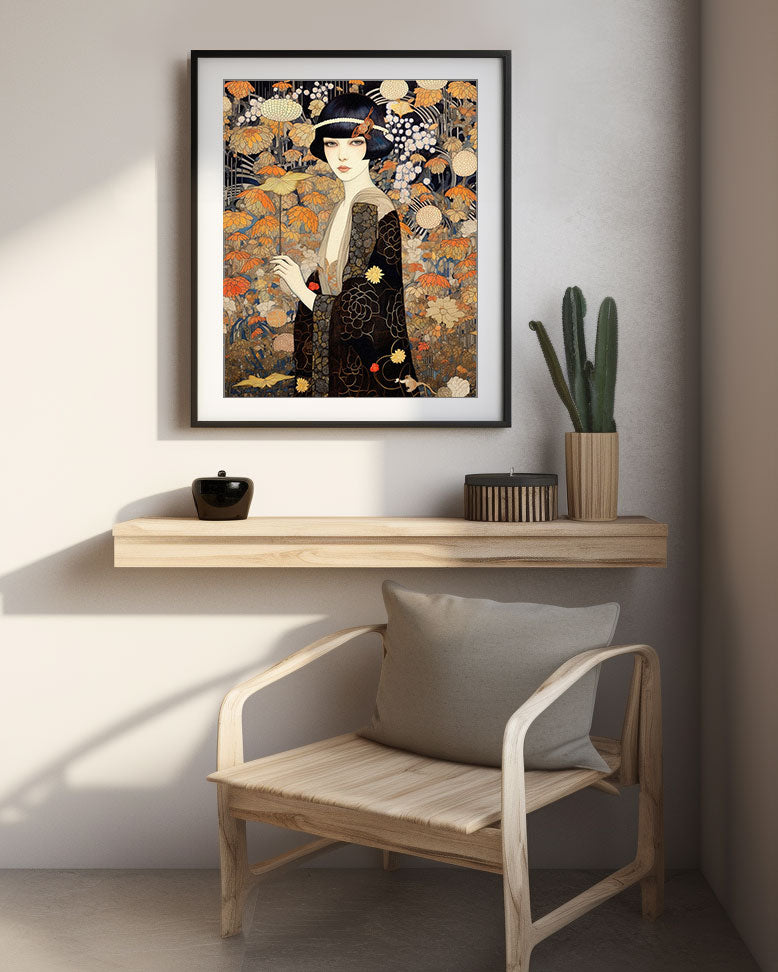 original art print, Vintage Retro Art Style Poster: Woman with Flowers in Orange Tones - Inspired by Art Deco, Fashion, and Classic Movies, Retro Glam Fashion Portrait, Modern Art Deco Print, Eclectic Punk Boho Decor, Vintage Flowers Wall Art, Interior Design, Moody Graphic Art, Retro Glam Fashion Portrait, Modern Art Deco Print, Eclectic Punk Boho Decor, Vintage Flowers Wall Art, Interior Design, Moody Graphic Art, Bathroom Art, Living Room Wall Decor, Art for your Walls, mythology art, history, tribal