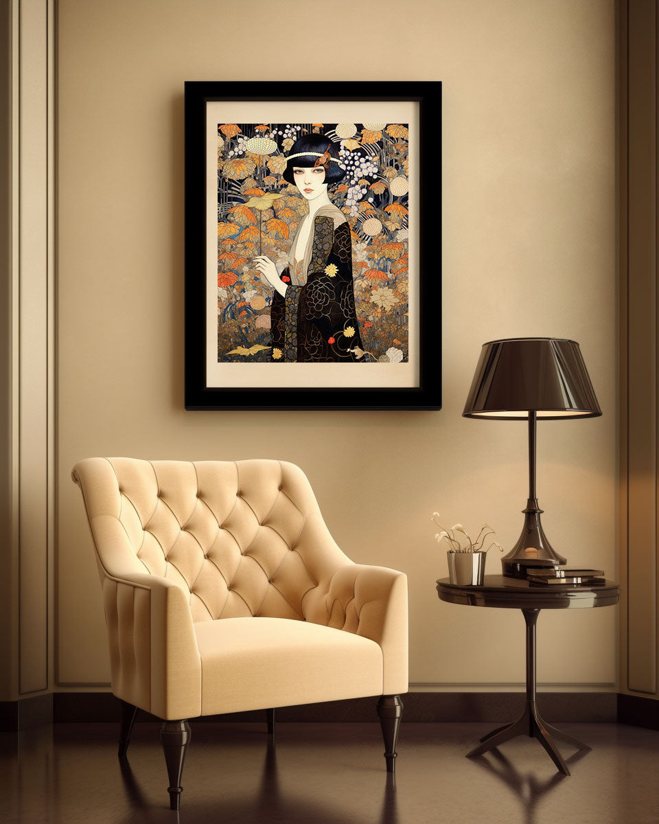 original art print, Vintage Retro Art Style Poster: Woman with Flowers in Orange Tones - Inspired by Art Deco, Fashion, and Classic Movies, Retro Glam Fashion Portrait, Modern Art Deco Print, Eclectic Punk Boho Decor, Vintage Flowers Wall Art, Interior Design, Moody Graphic Art, Retro Glam Fashion Portrait, Modern Art Deco Print, Eclectic Punk Boho Decor, Vintage Flowers Wall Art, Interior Design, Moody Graphic Art, Bathroom Art, Living Room Wall Decor, Art for your Walls, mythology art, history, tribal