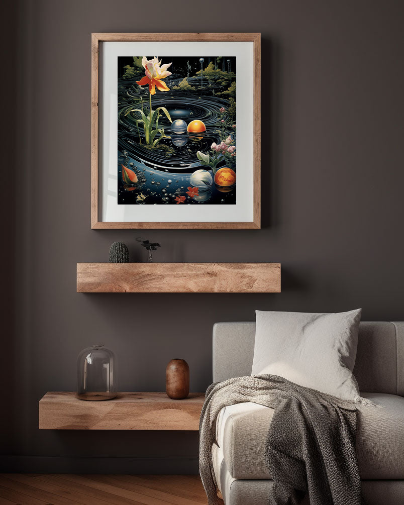 Framed surrealism artwork of a pond scene in a cosmic galaxy with flowers, planets, nature