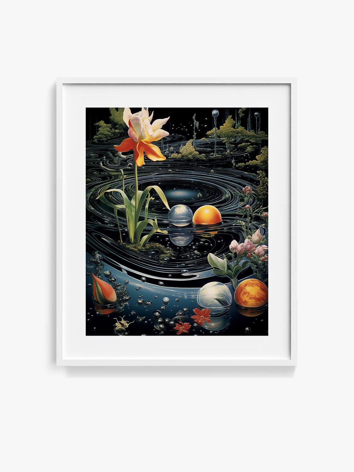 Framed surrealism artwork of a pond scene in a cosmic galaxy with flowers, planets, nature