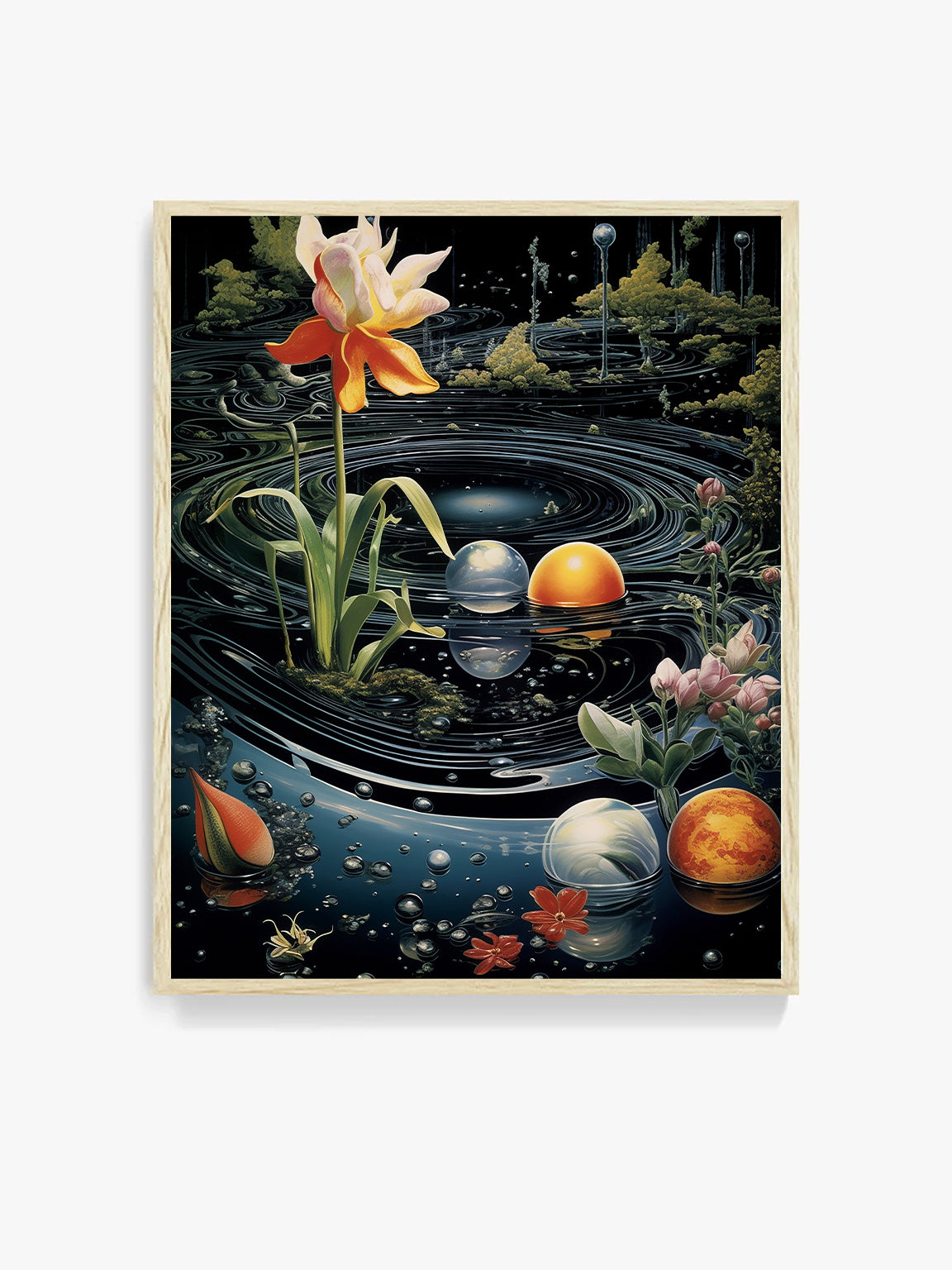 Framed surrealism artwork of a pond scene in a cosmic galaxy with flowers, planets, nature