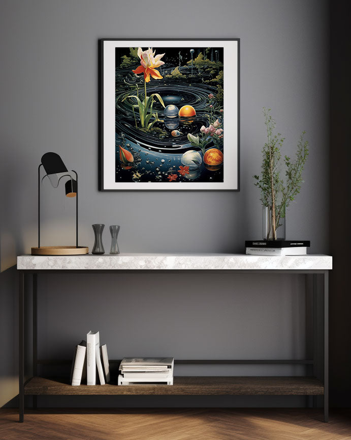 Art print poster, dog, Dalmatian, vintage retro style, green, pink, screenprint, vintage style art poster, surrealism art print, flowers, galaxy, ocean, water, sky, interior design, living room style, men's decor, man cave, elegant interior design, luxury