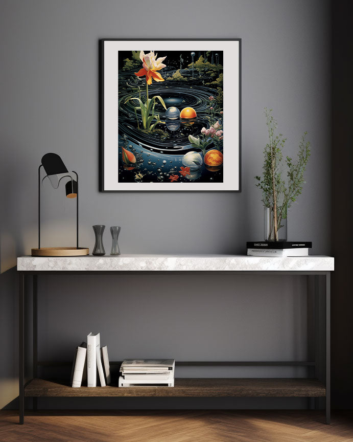 Framed surrealism artwork of a pond scene in a cosmic galaxy with flowers, planets, nature