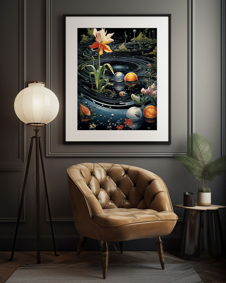 Art print poster, dog, Dalmatian, vintage retro style, green, pink, screenprint, vintage style art poster, surrealism art print, flowers, galaxy, ocean, water, sky, interior design, living room style, men's decor, man cave, elegant interior design, luxury