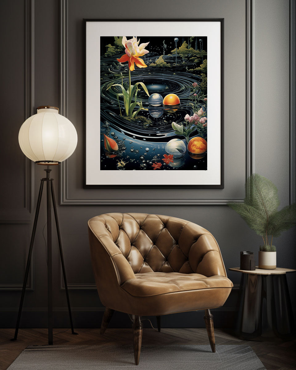 Framed surrealism artwork of a pond scene in a cosmic galaxy with flowers, planets, nature