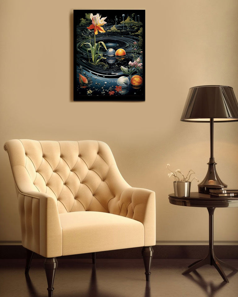 Framed surrealism artwork of a pond scene in a cosmic galaxy with flowers, planets, nature