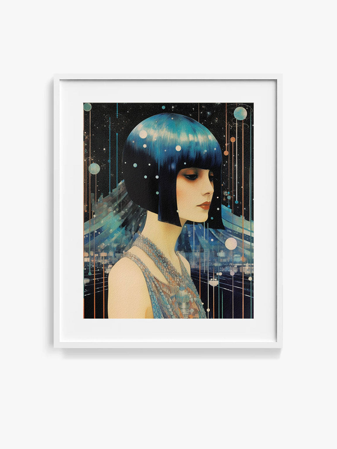 Roaring 20s Art Deco Flapper Portrait Wall Art, Original Art Print, Vintage Painting, Interior Design, Eclectic Mod Boho Decor, Lux Fashion, living room art, bathroom art, office art, bedroom art, fashion glamour, kitchen art, flowers, MCM, midcentury modern, superbloom meadow, screenprint art, vintage gothic art, roaring 20s flapper, blue hair, galaxy, abstract, MCM