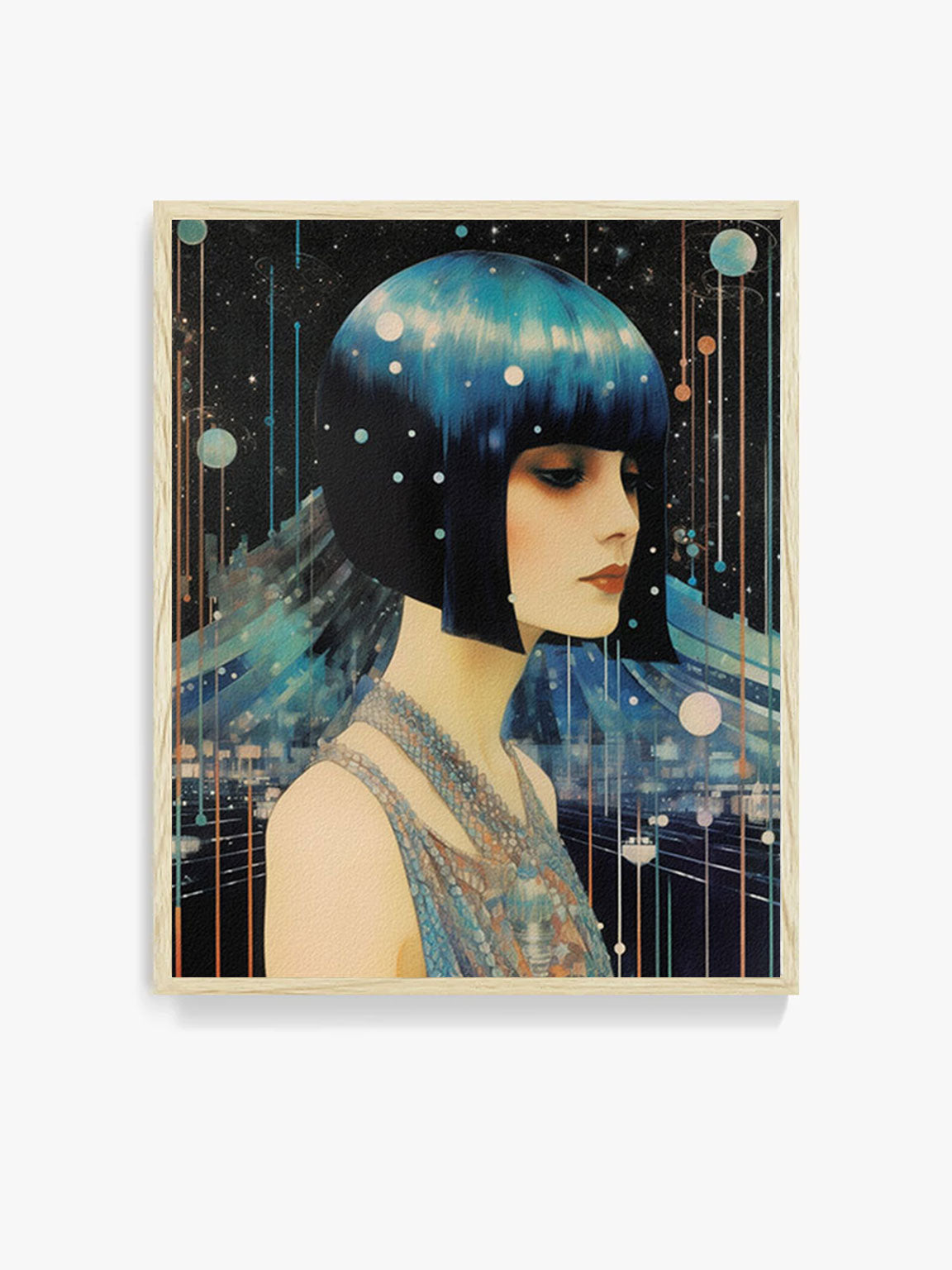 Roaring 20s Art Deco Flapper Portrait Wall Art, Original Art Print, Vintage Painting, Interior Design, Eclectic Mod Boho Decor, Lux Fashion, living room art, bathroom art, office art, bedroom art, fashion glamour, kitchen art, flowers, MCM, midcentury modern, superbloom meadow, screenprint art, vintage gothic art, roaring 20s flapper, blue hair, galaxy, abstract, MCM