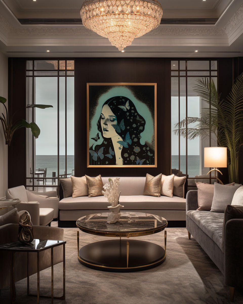 Roaring 20s Art Deco Flapper Portrait Wall Art, Original Art Print, Vintage Painting, Interior Design, Eclectic Mod Boho Decor, Lux Fashion, living room art, bathroom art, office art, bedroom art, fashion glamour, kitchen art, flowers, superbloom, butterflies, butterfly love