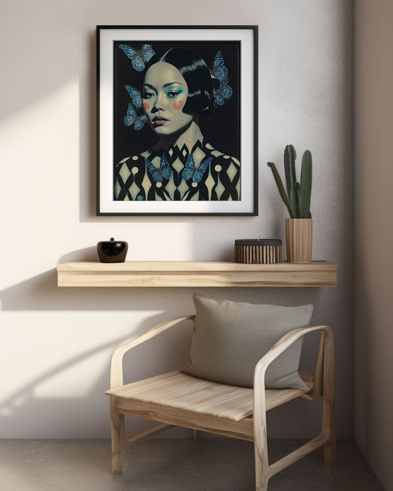 Roaring 20s Art Deco Flapper Portrait Wall Art, Original Art Print, Vintage Painting, Interior Design, Eclectic Mod Boho Decor, Lux Fashion, living room art, bathroom art, office art, bedroom art, fashion glamour, kitchen art, flowers, MCM, midcentury modern, superbloom meadow, screenprint art, vintage gothic art, roaring 20s flapper, blue hair, galaxy, abstract, MCM, japandi art, asian art, female portrait