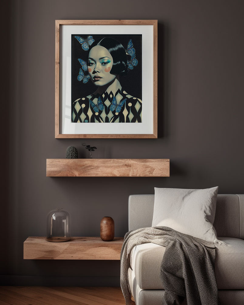 Roaring 20s Art Deco Flapper Portrait Wall Art, Original Art Print, Vintage Painting, Interior Design, Eclectic Mod Boho Decor, Lux Fashion, living room art, bathroom art, office art, bedroom art, fashion glamour, kitchen art, flowers, superbloom, butterflies, butterfly love, japandi art, asian art, female portrait