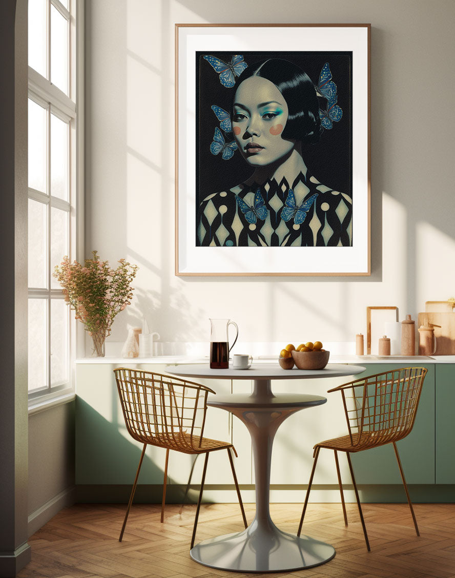 Roaring 20s Art Deco Flapper Portrait Wall Art, Original Art Print, Vintage Painting, Interior Design, Eclectic Mod Boho Decor, Lux Fashion, living room art, bathroom art, office art, bedroom art, fashion glamour, kitchen art, flowers, superbloom, butterflies, butterfly love, japandi art, asian art, female portrait