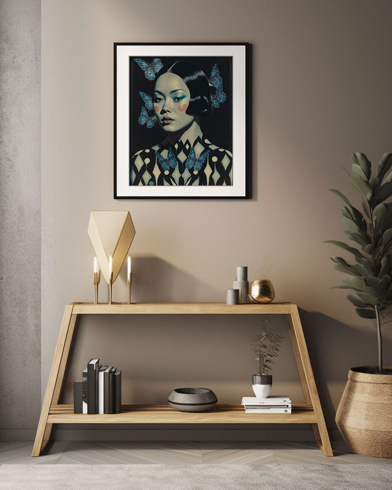 Roaring 20s Art Deco Flapper Portrait Wall Art, Original Art Print, Vintage Painting, Interior Design, Eclectic Mod Boho Decor, Lux Fashion, living room art, bathroom art, office art, bedroom art, fashion glamour, kitchen art, flowers, MCM, midcentury modern, superbloom meadow, screenprint art, vintage gothic art, roaring 20s flapper, blue hair, galaxy, abstract, MCM, japandi art, asian art, female portrait