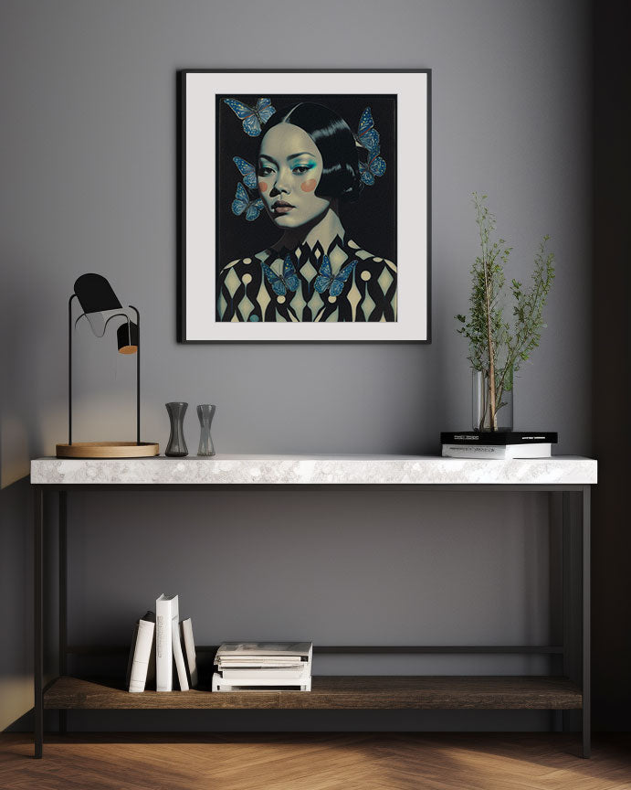 Roaring 20s Art Deco Flapper Portrait Wall Art, Original Art Print, Vintage Painting, Interior Design, Eclectic Mod Boho Decor, Lux Fashion, living room art, bathroom art, office art, bedroom art, fashion glamour, kitchen art, flowers, MCM, midcentury modern, superbloom meadow, screenprint art, vintage gothic art, roaring 20s flapper, blue hair, galaxy, abstract, MCM, japandi art, asian art, female portrait