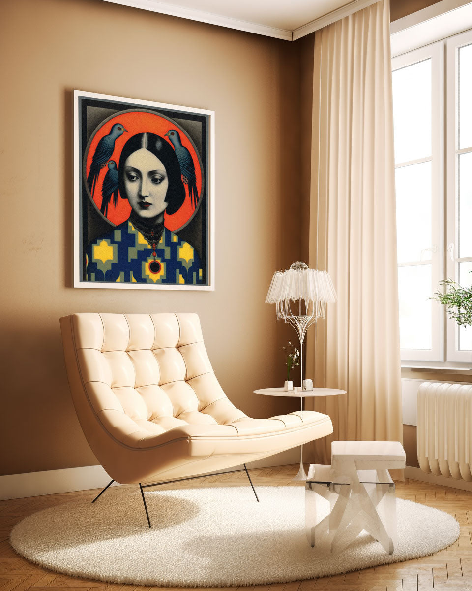 Roaring 20s Art Deco Flapper Portrait Wall Art, Original Art Print, Vintage Painting, Interior Design, Eclectic Mod Boho Decor, Lux Fashion, living room art, bathroom art, office art, bedroom art, fashion glamour, kitchen art, flowers, superbloom, butterflies, butterfly love, japandi art, asian art, female portrait, birds, doves, pigeoons, female portrait, mod art