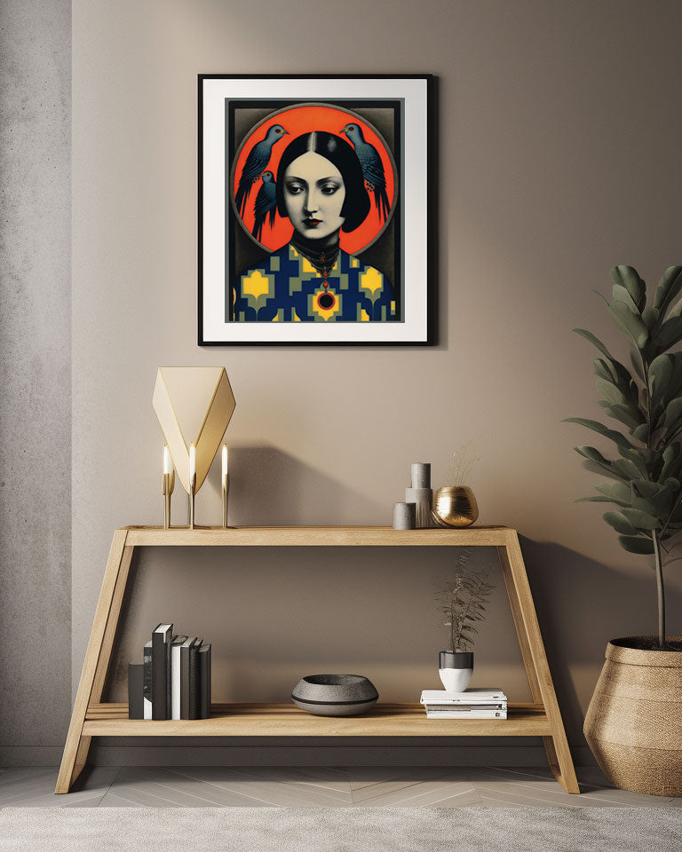 Roaring 20s Art Deco Flapper Portrait Wall Art, Original Art Print, Vintage Painting, Interior Design, Eclectic Mod Boho Decor, Lux Fashion, living room art, bathroom art, office art, bedroom art, fashion glamour, kitchen art, flowers, superbloom, butterflies, butterfly love, japandi art, asian art, female portrait, birds, doves, pigeoons, female portrait, mod art