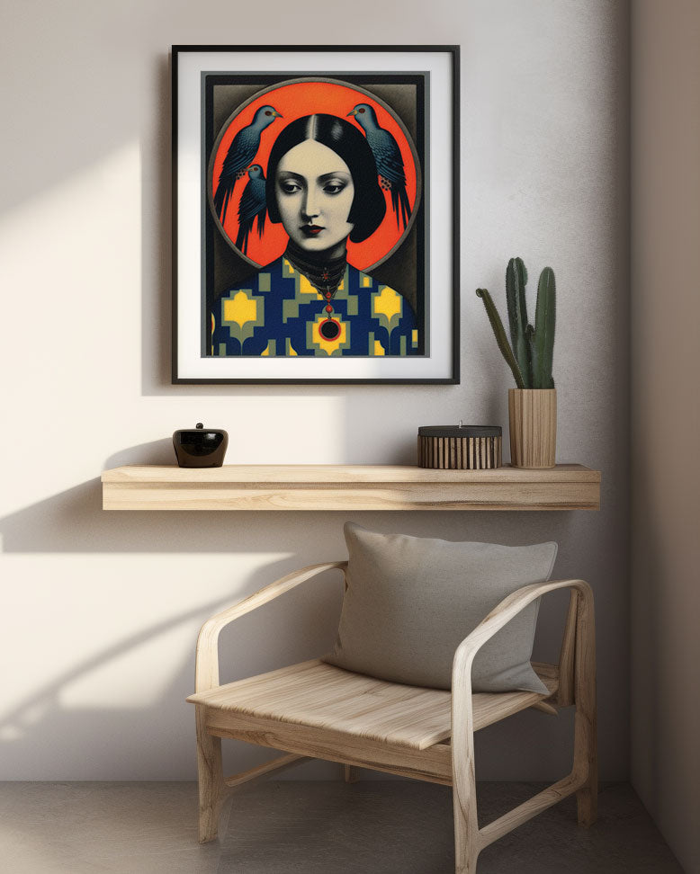 Roaring 20s Art Deco Flapper Portrait Wall Art, Original Art Print, Vintage Painting, Interior Design, Eclectic Mod Boho Decor, Lux Fashion, living room art, bathroom art, office art, bedroom art, fashion glamour, kitchen art, flowers, superbloom, butterflies, butterfly love, japandi art, asian art, female portrait, birds, doves, pigeoons, female portrait, mod art