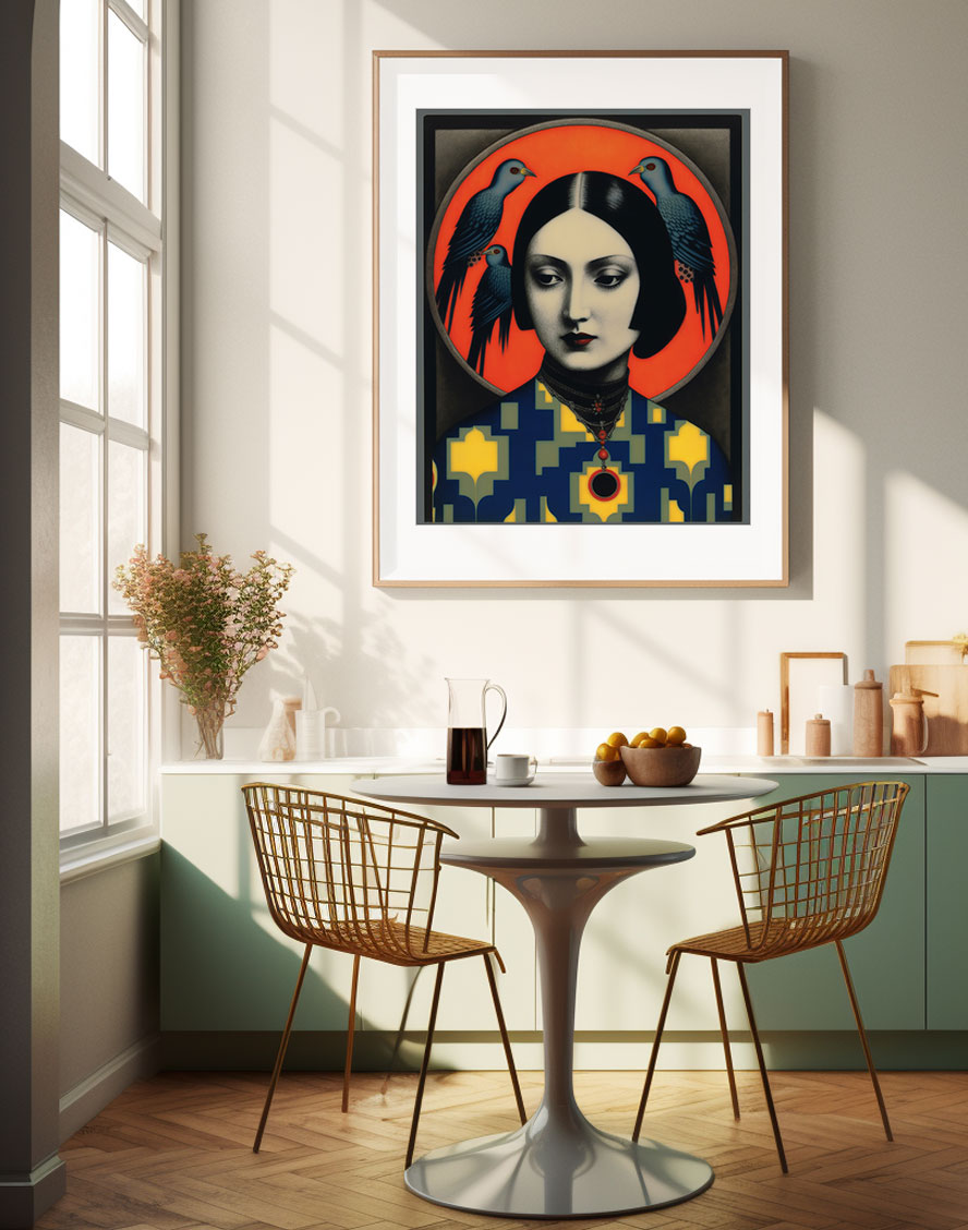 Roaring 20s Art Deco Flapper Portrait Wall Art, Original Art Print, Vintage Painting, Interior Design, Eclectic Mod Boho Decor, Lux Fashion, living room art, bathroom art, office art, bedroom art, fashion glamour, kitchen art, flowers, superbloom, butterflies, butterfly love, japandi art, asian art, female portrait, birds, doves, pigeoons, female portrait, mod art