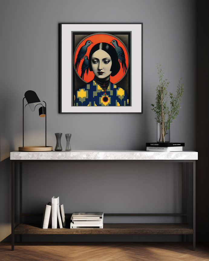 Roaring 20s Art Deco Flapper Portrait Wall Art, Original Art Print, Vintage Painting, Interior Design, Eclectic Mod Boho Decor, Lux Fashion, living room art, bathroom art, office art, bedroom art, fashion glamour, kitchen art, flowers, superbloom, butterflies, butterfly love, japandi art, asian art, female portrait, birds, doves, pigeoons, female portrait, mod art