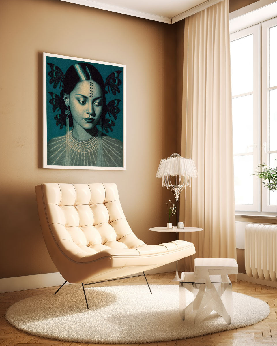 Roaring 20s Art Deco Flapper Portrait Wall Art, Original Art Print, Vintage Painting, Interior Design, Eclectic Mod Boho Decor, Lux Fashion, living room art, bathroom art, office art, bedroom art, fashion glamour, kitchen art, flowers, superbloom, butterflies, butterfly love, japandi art, asian art, female portrait, south asian