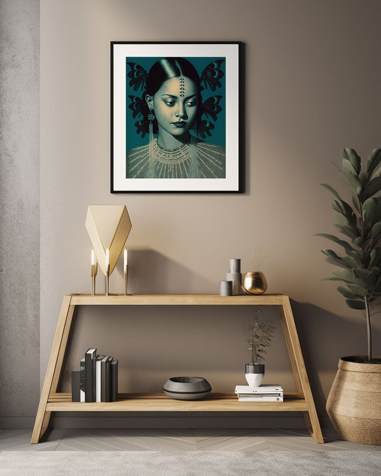 Roaring 20s Art Deco Flapper Portrait Wall Art, Original Art Print, Vintage Painting, Interior Design, Eclectic Mod Boho Decor, Lux Fashion, living room art, bathroom art, office art, bedroom art, fashion glamour, kitchen art, flowers, superbloom, butterflies, butterfly love, japandi art, asian art, female portrait, south asian