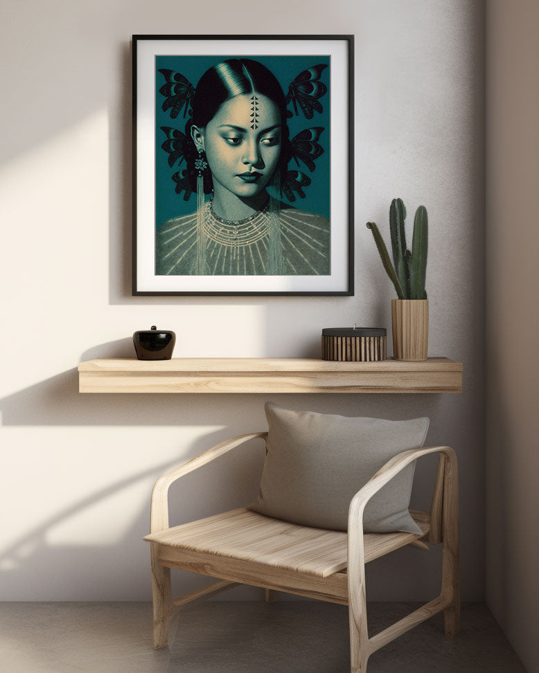 Roaring 20s Art Deco Flapper Portrait Wall Art, Original Art Print, Vintage Painting, Interior Design, Eclectic Mod Boho Decor, Lux Fashion, living room art, bathroom art, office art, bedroom art, fashion glamour, kitchen art, flowers, superbloom, butterflies, butterfly love, japandi art, asian art, female portrait, south asian