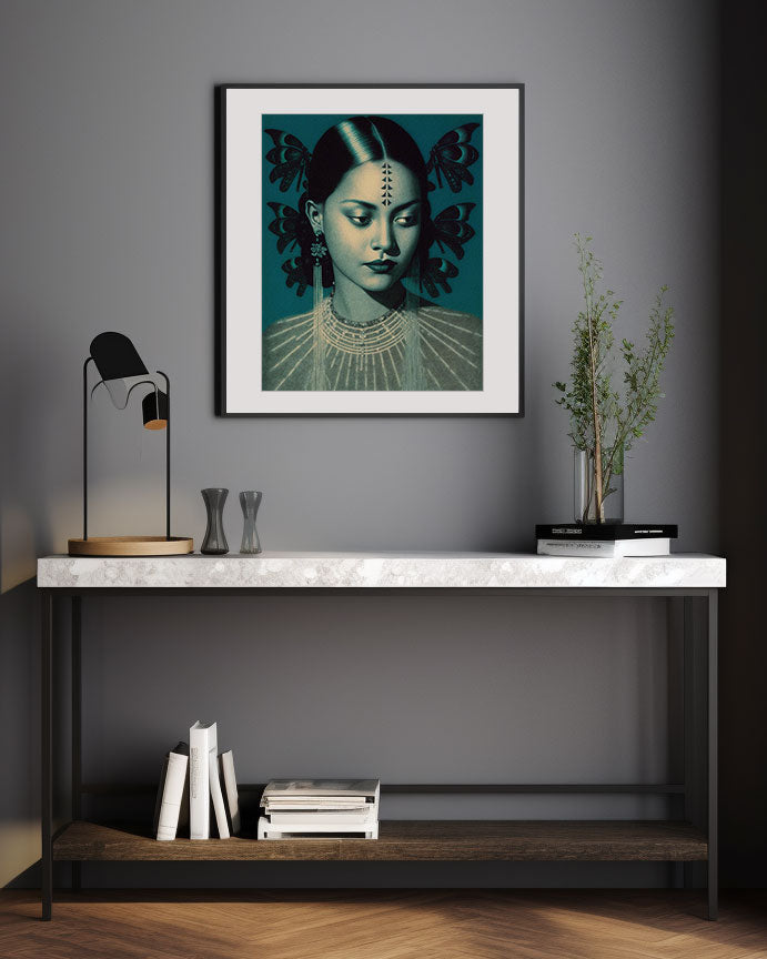 Roaring 20s Art Deco Flapper Portrait Wall Art, Original Art Print, Vintage Painting, Interior Design, Eclectic Mod Boho Decor, Lux Fashion, living room art, bathroom art, office art, bedroom art, fashion glamour, kitchen art, flowers, superbloom, butterflies, butterfly love, japandi art, asian art, female portrait, south asian