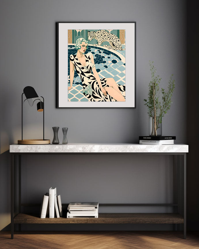 Roaring 20s Art Deco Flapper Portrait Wall Art, Original Art Print, Vintage Painting, Interior Design, Eclectic Mod Boho Decor, Lux Fashion, living room art, bathroom art, office art, bedroom art, fashion glamour, leopard, kitchen art, cat, big cats, leopard print, rockabilly, pinup style, pin up