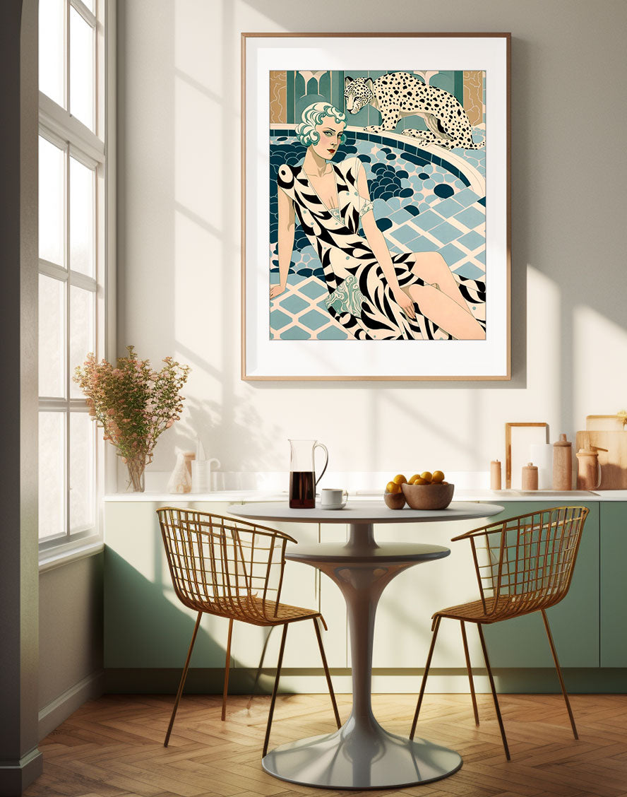 Roaring 20s Art Deco Flapper Portrait Wall Art, Original Art Print, Vintage Painting, Interior Design, Eclectic Mod Boho Decor, Lux Fashion, living room art, bathroom art, office art, bedroom art, fashion glamour, leopard, kitchen art, cat, big cats, leopard print, rockabilly, pinup style, pin up